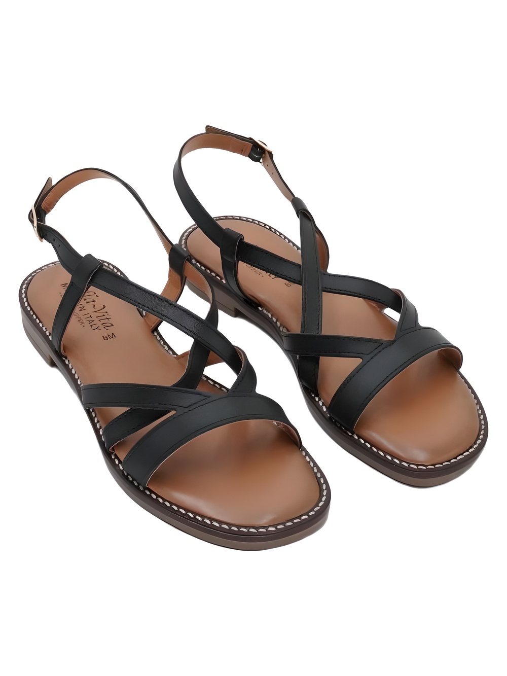 Bella Vita Tya-Italy Strappy Flat Sandals Black Leather Size 8M